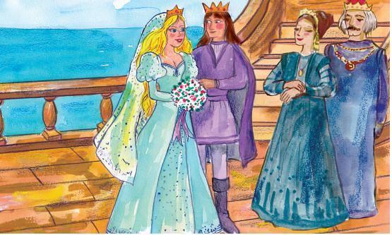 The next day, the prince and his parents go by ship to the palace of the Princess he must marry. The Little Mermaid goes with him but her eyes are full of tears.