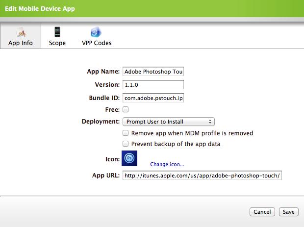 10. Click the App Info tab and choose Prompt User to Install from the Deployment pop-up menu. 11.