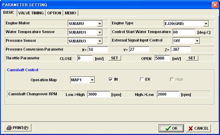 6. Parameter Setting 6-1. BASIC (1) (2) (3) (4) (5) (6) (7) (8) "Engine Maker", "Engine Type" and "Camshaft Control IN/EX/High" cannot be edited during communication with VALCON.