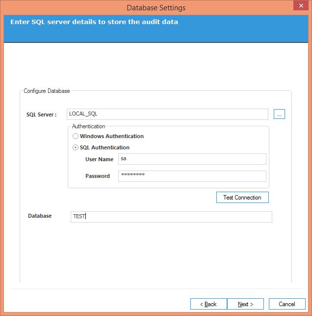 5.2.1.4 Database Settings 8. Enter the name of SQL Server in which you want to configure your database. You can also click an SQL Server.