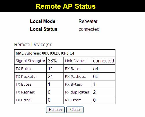 Setup Remote APs status The Remote AP Status screen is displayed when the Remote APs Status button on the Status screen is clicked.