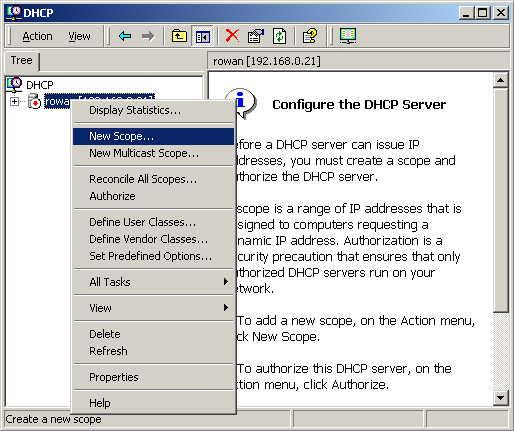 DHCP server configuration 1. Click on the Start - Programs - Administrative Tools - DHCP 2. Right-click on the server entry as shown, and select New Scope.