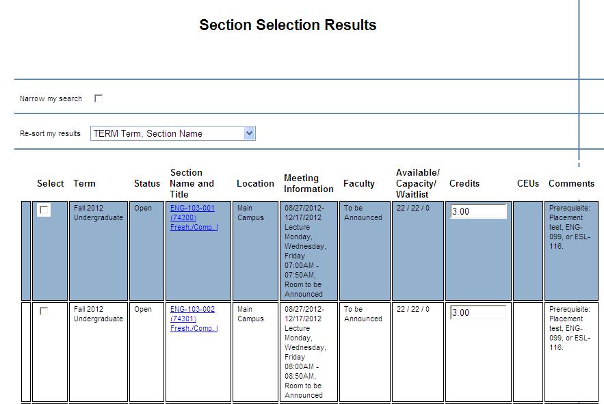 The Section Selection Results screen will display your search results.