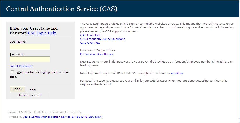 Option 2: Directly from the Student website, http://students.sunyocc.edu, Click on the WebAccess link. Getting Started User Names and Passwords WebAccess uses the Central Authentication System (CAS).