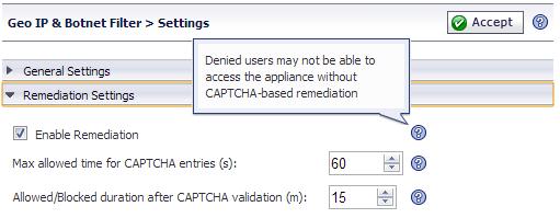 Related settings for remediation are available on the Geo IP & Botnet Filter > Settings page in the SRA appliance management interface.