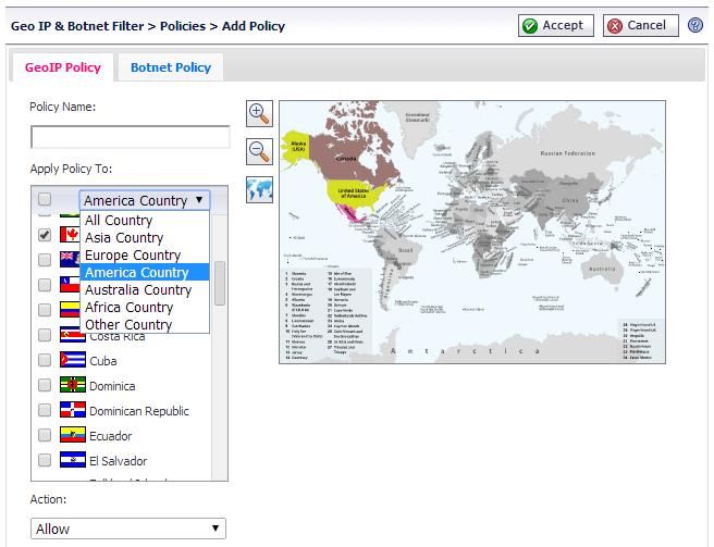 The Geo IP policies page includes a world map.