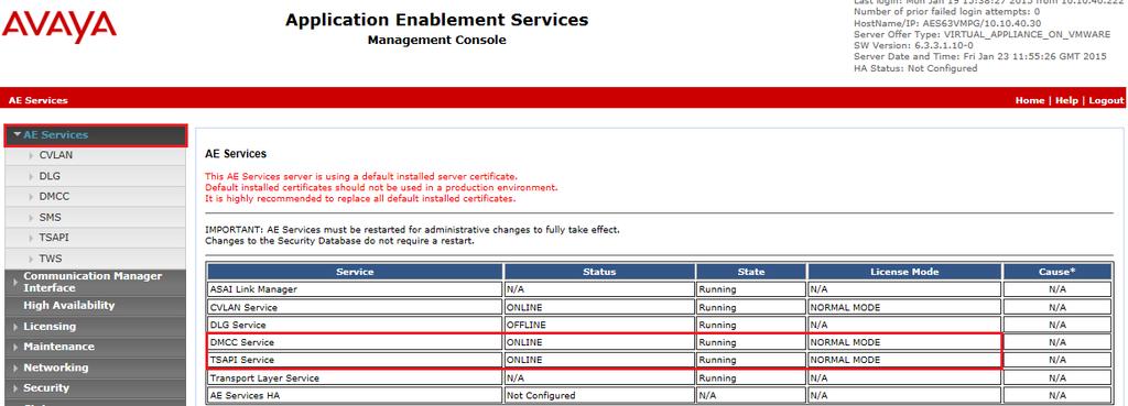 The Application Enablement Services Management Console appears displaying the Welcome to OAM screen (not shown).