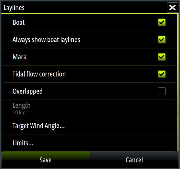 Laylines Configures the options for laylines on the chart and on the SailSteer panels. The image shows laylines from mark/ waypoint with limits.