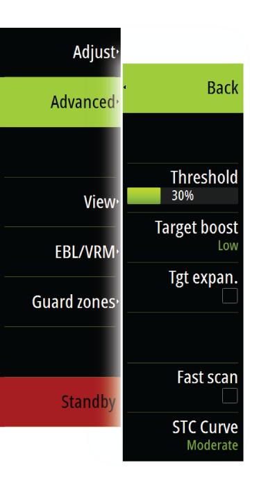 Advanced radar options Radar threshold The threshold sets required signal strength for the lowest radar signals. Radar returns below this limit will be filtered and not displayed. Default value: 30%.