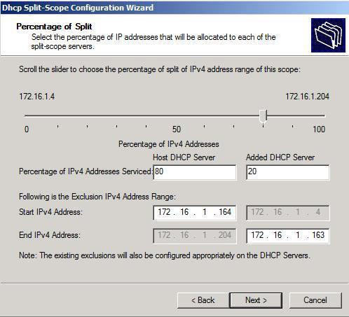 3. On the Percentage of Split page, set the configuration for a ratio of 80:20 by assigning DHCP Server 1 to exclude addresses 172.16.1.164 to 172.16.1.204, and DHCP Server 2 to exclude 172.16.1.4 to 172.16.1.163.