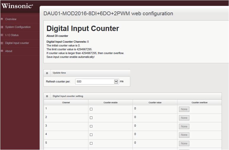 6.2 Digital Input Counter 1. Update time: The webpage can set to refresh counter status to update the current counter value. 2. Counter enable : To enable the DI counter function 3.