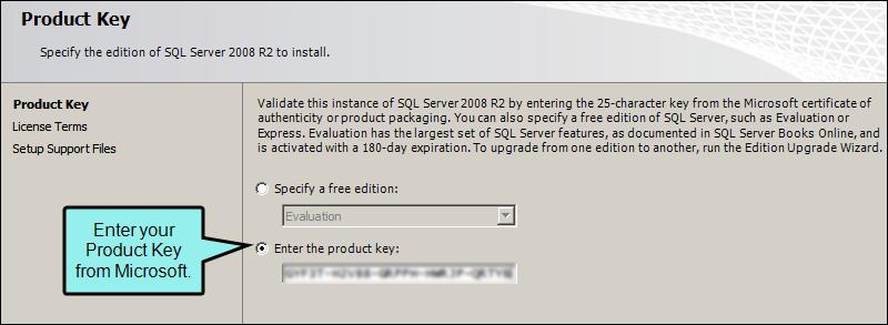 8. In the Product Key page, validate the SQL Server instance: a. In the Product Key page, select the Enter the product key option. b.