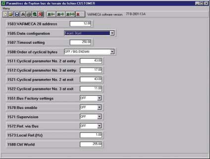en LEROY-SOMER COMMISSIONING THE PEGASE VMA 20 PC PARAMETER SOFTWARE..5 - Detail of the optional fieldbus parameters window - Click on the "optional fieldbus parameters" window.