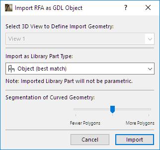 IMPORT RFA AS GDL OBJECT This command imports a Revit Family (RFA) object (mostly manufacturer content) and generates a GDL Object, Door or Window having the same precise geometry and all parameters.