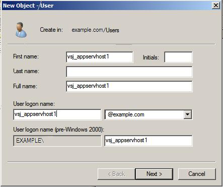 VSJ Standard Edition 3.3 Reference Manual Figure 1: New Object-User window (Windows Server 2008 example) 28 3. Enter a name and logon name for the new service, and click Next.