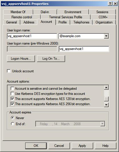 Preparing for VSJ Figure 2: Account tab for user (Windows Server 2008 example) Kerberos encryption types for Active Directory The default Kerberos encryption type used by Active Directory is RC4.