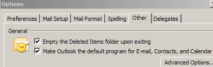 Automatically Empty the Deleted Items folder 1. Go to the Tools menu and click Options 2. Click the Other tab 3. Select the Empty the Deleted Items folder upon Exiting checkbox.