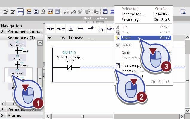 Programming the PLC 4.3 Using GRAPH function block to create sequence control 5. Click the step "S6 Transport Labeling" and insert the copied transition condition at "T6 - Trans6". 6.