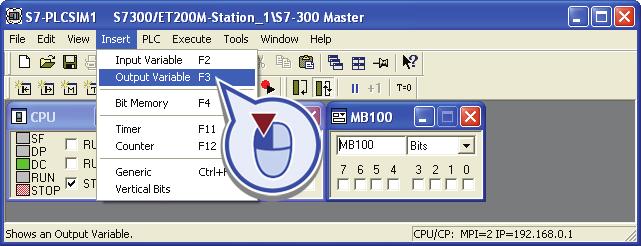 Create an additional "Bit Memory" view object as shown in the last two steps to control and output the memory bits in the address area M100.0 to M100.7.