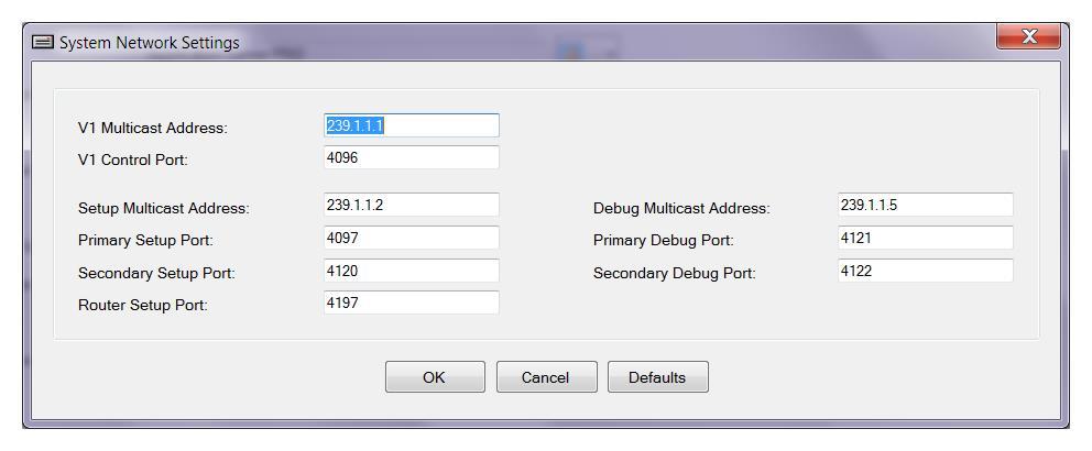 System Menu System Network Settings System Network Settings defines the ports and multicast addresses used by the system. Valcom devices require several unique addresses and ports for communication.