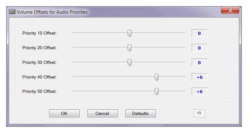 System Menu Volume Offsets The Volume Offsets dialog box sets the relative volume values for the five priority levels available in the system. The priority levels are 10, 20, 30, 40 and 50.