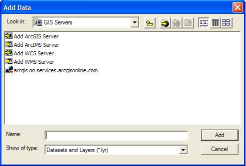 4 Add the GIS Services Map of New York to Your Map Document 1. Click the Add Data button. 2. In the Look In: menu of the Add Data dialog box, choose GIS Servers. 3.
