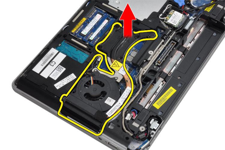 a) battery b) base cover 3. Disconnect the heat-sink cable. 4. Remove the screws that secure the heat sink to the system board. 5. Remove the heat sink from the computer. Installing the Heat Sink 1.