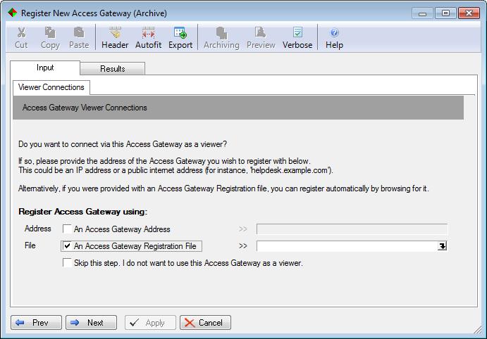 To register with the Access Gateway using a registration file, first select the Access Gateway Registration file option; this will enable the File field: Click on the arrow to the right-hand side of