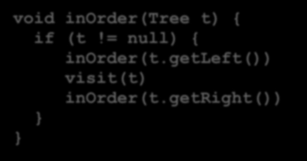 Inorder Algorithm void inorder(tree t) { if (t!
