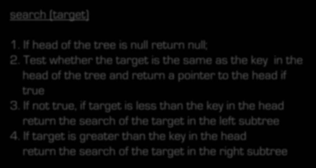 Searching in Binary Search Trees Searching is the reason we have BSTs. Like most operations in a BST, search is better described in a recursive fashion.