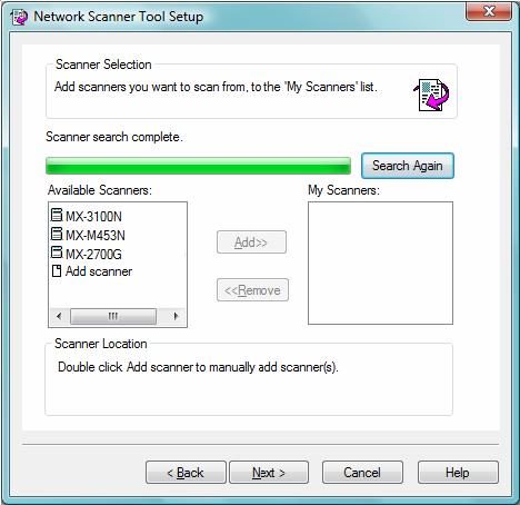 Scanner Selection Screen 2. Select the scanner(s) you want to use from the Available Scanners list and click Add.