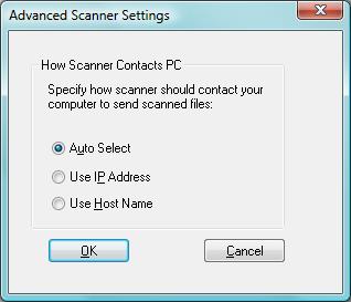 Advanced The Advanced button allows you to specify how your PC network address is to be resolved: Advanced Scanner Settings Screen If your network operates under Simple Addressing or Exception DHCP