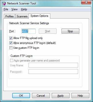 System Options Tab The Network Scanner Tool uses a modified FTP server that is controlled using the System Options tab.