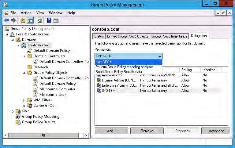 Modeling, results, and WMI filters Key Delegating permissions to perform tasks related to Group Policy Modeling and Group Policy Results is performed at the domain level, as shown in Figure 5-11.