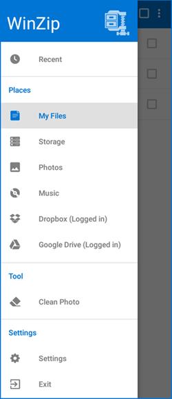 The WinZip menu The WinZip menu gives quick access to your stored files in a variety of handy categories, the photo cleaning tool, and app settings.