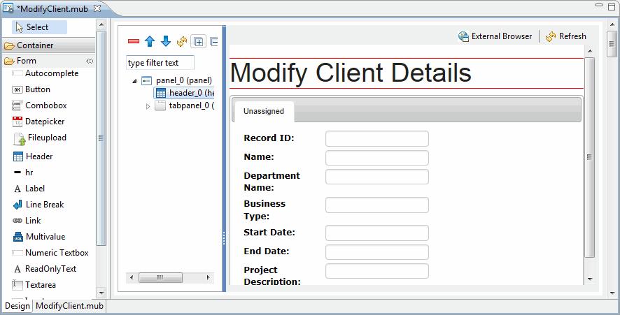 Task D- Create a New Custom Page - Modify Client Details 25 Outline toolbar and move it before tabpanel_0(tabpanel) and after