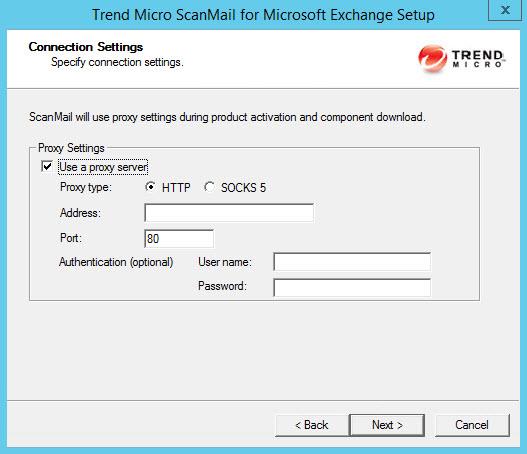 Installing ScanMail with Exchange Server 2010 / 2013 / 2016 The Connection Settings screen appears. 14.
