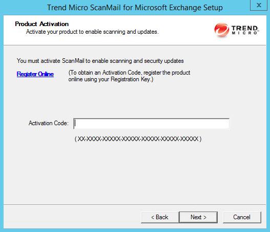 ScanMail for Microsoft Exchange 12.5 Installation and Upgrade Guide The Product Activation screen appears. 15. Type the activation code. 16. Click Next.