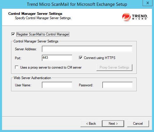 Installing ScanMail with Exchange Server 2010 / 2013 / 2016 The Control Manager Server Settings screen appears. 19.