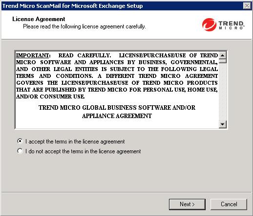 ScanMail for Microsoft Exchange 12.5 Installation and Upgrade Guide The License Agreement screen appears. 3.