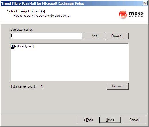 Upgrading ScanMail with Exchange 2010 / 2013 / 2016 Servers The Select Target Server(s) screen ap