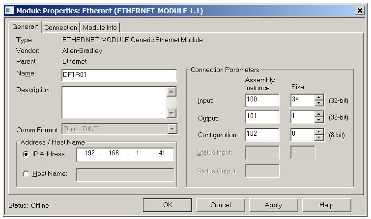 Setup In the Module Properties dialog, enter the IP address, the assembly instance, and size for the input, output, and configuration. Below are the required connection parameters.