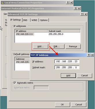 Redirection Methods 5. Click Add and enter an additional IP address (RHA-IP). In the following screenshot, the RHA-IP IP address is 192.168.220.23 and the current production server IP address is 192.
