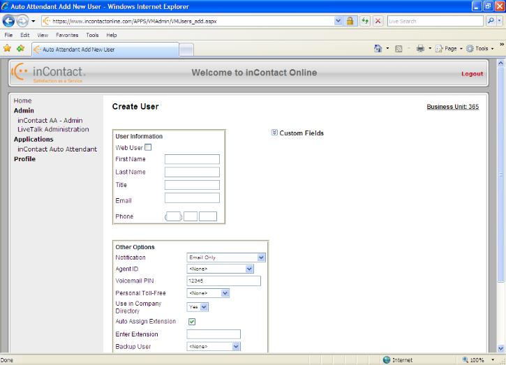 The Auto Attendant Add New User page appears. 4.Enter the users First Name, Last Name and Title. 5.