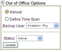 Update Out of Office Options This Web Access user option allows the user to set their own Out of Office options either manually or