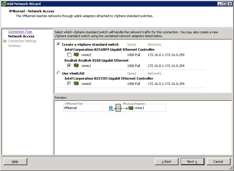 21. Click the Create a vsphere standard switch option and select the appropriate network card checkbox. 22.