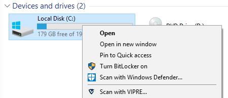 Context menu scan: Users can scan an individual file, folder or drive by right-clicking it in Windows Explorer and clicking Scan with VIPRE: Logs, quarantine, exceptions, scheduled