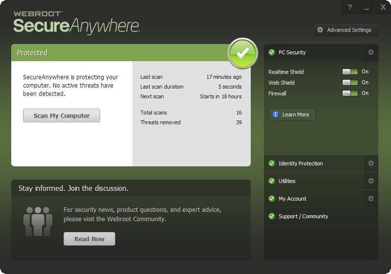 Windows Security Center/Windows Defender Webroot SecureAnywhere registers with Windows Security Center as the antivirus program. Windows Defender is disabled.