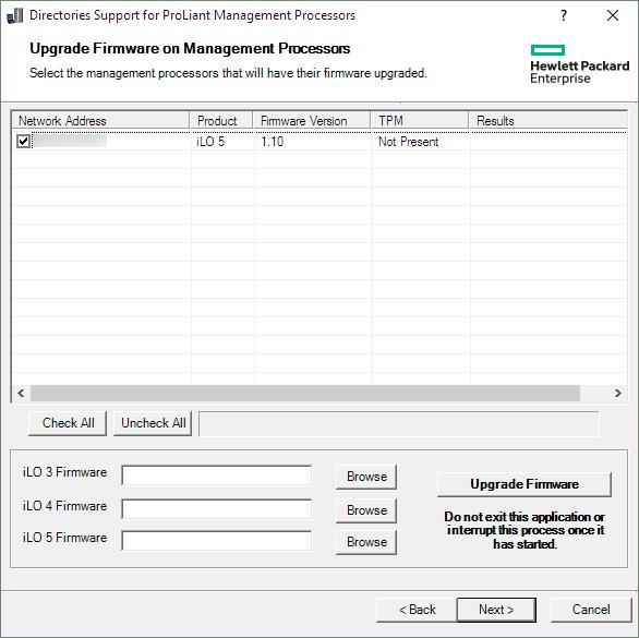 2. Select the management processors to upgrade. 3. For each selected management processor, click Browse, and then select a firmware image file.