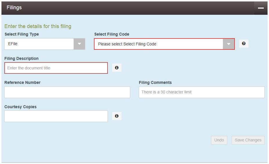 Odyssey File & Serve HTML5 Entering Filing Details The Filings section allows you to enter the filing details and calculate the fees associated with the filing. Figure 9.